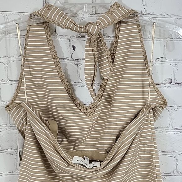 Jones New York Tan Stripe Lace Halter Top Shelf Bra Backless T-Shirt Large- NWOT - Picture 9 of 12